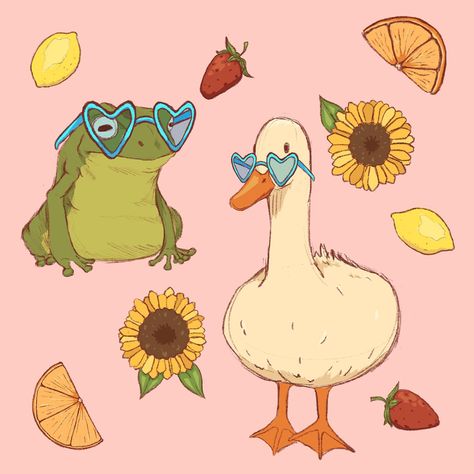 Cottage Core Digital Art, Cute Procreate Art, Duck Digital Art, Summer Vibe Drawings, Cottagecore Digital Art, Summer Animals Drawing, Cute Cottagecore Art, Duck And Frog Drawing, Cottagecore Frog Drawing