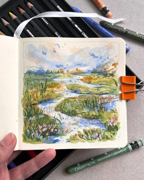 Lena • mixed media art | Another little landscape to finish this sketchbook… I’ve been working on materials for my P@treon all weekend, so I’m uploading a sketch… | Instagram Landscape Sketchbook Ideas, Watercolor Palette Colors, Mixed Media Landscape Art, Mixed Media Sketchbook Ideas, Watercolour Mixed Media, Marker Landscape Art, Sketched Landscape, Art Night Ideas, Sketchbook Pages Ideas