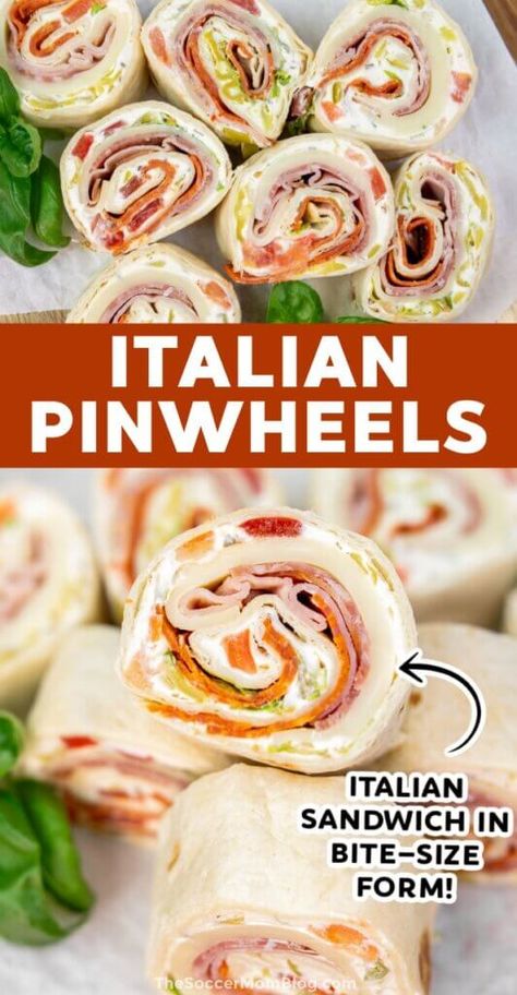 These easy Italian pinwheels transform classic Italian sandwich ingredients - meats, cheese, and veggies - into delicious bite-sized portions that are perfect for parties or a quick lunch! Italian Pinwheel, Italian Pinwheels, Food For A Party, Italian Sandwiches, Pinwheel Sandwiches, Pinwheel Appetizers, Italian Meats, Pinwheel Recipes, Tasty Meat