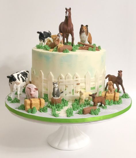 Buttercream cake with fondant details and toy animals Farm Birthday Cake, Farm Birthday Cakes, Barnyard Cake, Horse Birthday Cake, Farm Animal Cakes, Animal Birthday Cakes, Farm Theme Birthday, Farm Animals Birthday Party, Farm Themed Birthday Party