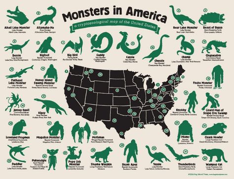 Of course the U.S. is packed with monsters. | 49 Maps That Explain The U.S. For Dumb Foreigners Cryptozoology Museum, Legendary Monsters, The Jersey Devil, Lake Monsters, Strange Beasts, Myths & Monsters, Mythical Monsters, World Mythology, America Map