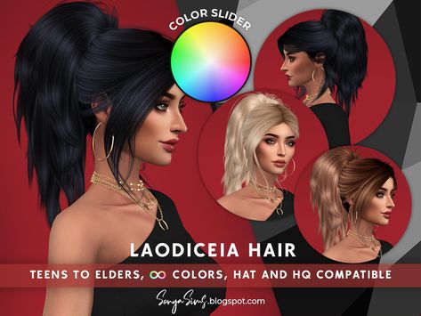 SonyaSimsCC's SonyaSims Laodiceia COLOR SLIDER RETEXTURE (PATREON) Sonyasims Hair, Rogue Hair, Hair Ts4, Diana Hair, Sea Hair, Cc Mods, Strawberry Hair, Rapunzel Hair, Sims Ideas