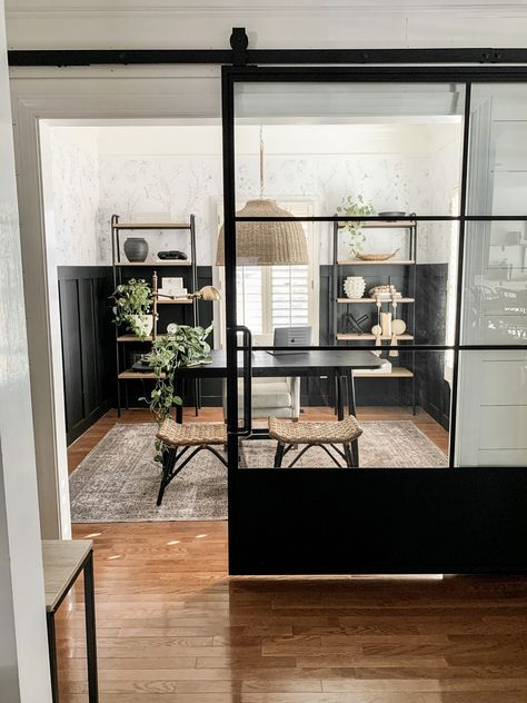 Home Office Sliding Black Glass Door Reveal | Bless This Nest Home Office Glass Doors, Black Glass Door, Window Shelves, Diy Home Accessories, Diy Porch, Small Hallways, Small Home Office, Modern Home Office, Farmhouse Style Decorating