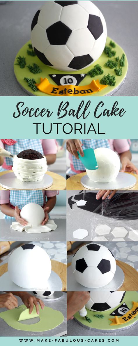 Soccer/ Football Cake Tutorial by Make Fabulous Cakes Soccerball Cakes, Soccer Smash Cake, Soccer Themed Birthday Cake, Food Ball Cake, Soccer Birthday Cake Ideas, Soccer Party Cake, Soccer Bday Cake, Football Birthday Cake Ideas, Soccer Cakes For Boys