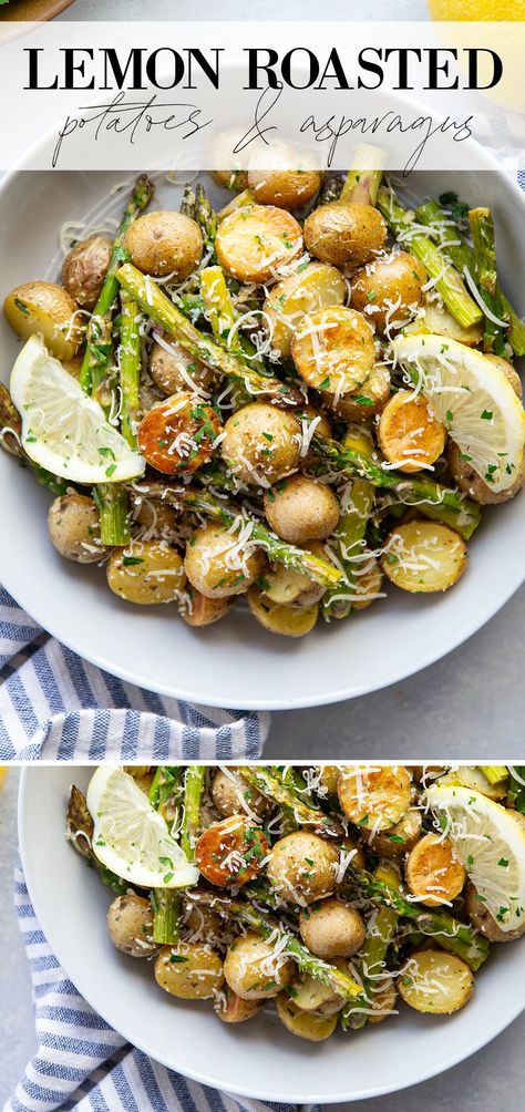 These roasted potatoes and asparagus are roasted in lots of fresh lemon and garlic and the perfect spring side dish for any meal! Asparagus Potato Sheet Pan, Kitchen Garden Recipes, Vegan Dinner Dishes, Potato Asparagus Salad, Meal Prep Asparagus Recipes, Asparagus And Potato Recipes, Summer Asparagus Recipes, Stuffed Potatoes Vegetarian, Healthy Veggie Recipes Side Dishes