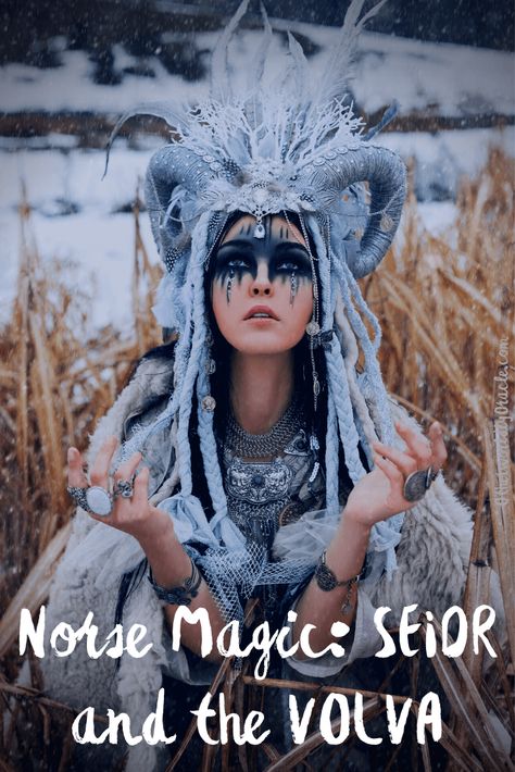 In this article, we explore the world of Norse Magic, namely Seidr. And we discover the practices of the Volva including visionary journeying, shapeshifting, prophesizing, reading the runes and more. Norse Magic, Viking Halloween Costume, Witch Costume Diy, Woman With Black Hair, Celtic Clothing, Color Healing, Fair Outfits, Viking Costume, Goddess Costume