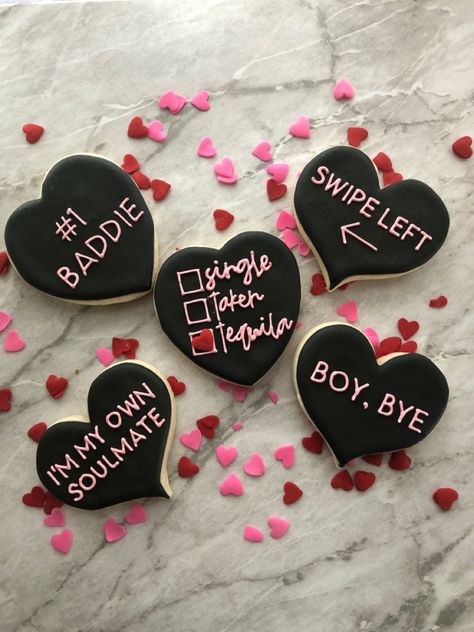 Anti Valentines Day Desserts, Anti Valentines Day Decorations, Happy Galentine’s Day Cookies, Anti Valentines Day Decor, Goth Galentines, Funny Valentines Day Cookies, Anti Valentines Day Cookies, Galentine Party Cookies, Galentines Party Cookies