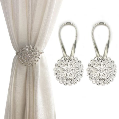 PRICES MAY VARY. 💕【 Sparkling Your Space 】 The beautiful crystal flower magnetic curtain tiebacks are sparkling, will subtly enhance your decor without being audacious; This is a very good solution and looks very nice as well, will make your home more beautiful, elegant and luxurious 💕【 SPRING WIRE DESIGN 】 Innovative and flexible stainless spring wire rope features full elasticity and free stretching length, can stretch to fit curtain with different thickness and hold the curtain in any posit Cinderella Baby Shower, Curtain Sewing, Curtain Sewing Pattern, Curtain Tie Back Hooks, Crystal Curtains, Magnetic Curtain, Curtain Holder, Room Sofa Design, Curtain Clips