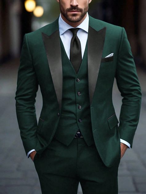 SHEIN Manfinity Mode Men's Color-Block Long Sleeve Suit Jacket And Pants SetI discovered amazing products on SHEIN.com, come check them out! Green Blazer Men Outfits, Wedding Suit Dark Green, Hunter Green Suits For Men, Dark Green And White Wedding, Green Suits For Men, Green 3 Piece Suit, Mens Suits Green, Black Groom Suit, Forest Green Suit