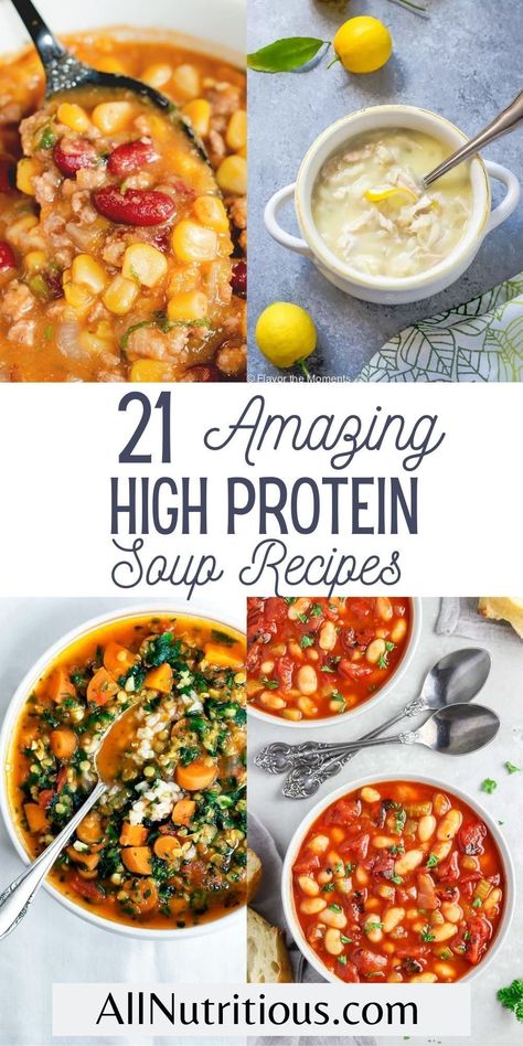 These high protein soups are full of flavour and are a great way to add protein to your diet. These soup recipes are healthy, low calorie, and great for weight loss! Healthy Diet Soup Recipes, High Calorie Soup Recipes, Healthy Lunch Soup, Easy High Protein Soup, Filling Healthy Soup, Low Carb Vegetarian Soup Recipes, Easy Healthy Soup Recipes Clean Eating, Lean Soup Recipes, Healthy Protein Soup Recipes