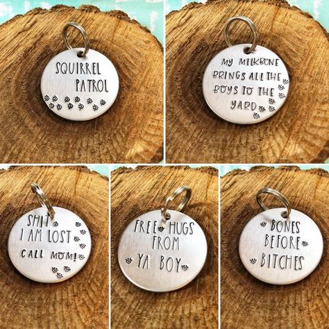 YOUR PIECE: Pet identification tags perfect for collars. These tags perfect for any size dog and measure 1.25 inches in diameter. This particular ID tag is made of stainless keychain loop and an aluminum tag. Name and phone number can be stamped on the back. You are always more likely Dog Retreat, Letter Stamping, Tatoo Dog, Keychain Loop, Funny Dog Tags, Cute Dog Tags, Stamped Dog Tags, Engraved Dog Collar, Luxury Dog Collars