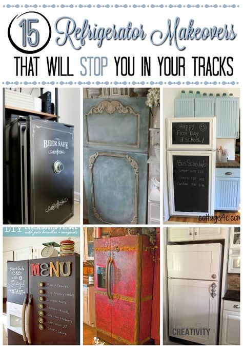 15 Refrigerator Makeovers That Will Stop You in Your Tracks - Vintage Kitchen Fridge, Repurposed Refrigerator Ideas, Upcycle Fridge Old Refrigerator, Old Refrigerator Makeover, Retro Fridge Wrap, Painting Refrigerator Diy, Appliance Wraps Kitchens, Painted Refrigerator Diy, Paint Refrigerator Diy