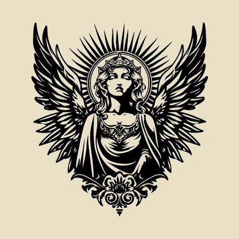 Linocut angel in the grunge style - Angel Tattoo - T-Shirt | TeePublic Greek Tattoos Chest, Ancient Style Tattoos, Traditional Style Angel Tattoo, Gothic Back Tattoos For Women, Etching Tattoo Design, Angel Stomach Tattoo, Agnostic Tattoo, American Traditional Angel Tattoo, Angel Face Tattoo