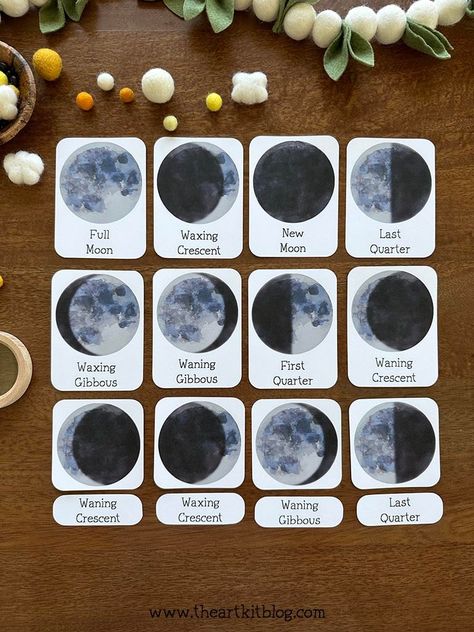 Moon Phases Montessori, Phases Of Moon Printable, Reggio Moon Activities, Waldorf Moon Phases, Moon Phases For Preschoolers, Phases Of Moon Art, Moon Phases Preschool, Preschool Moon Phases, Moon Phase Cookies