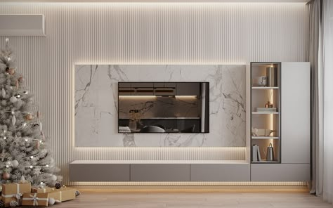 Marble Finish Tv Unit, Tile Behind Tv Wall, White Marble Tv Wall, Tv Wall Design White, White Tv Wall Design, Marble Tv Unit Living Rooms, Tv Wall Tiles Design, White Marble Tv Unit, Tv Unit Marble Design