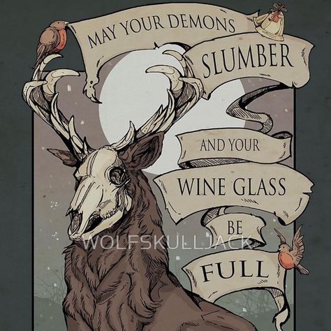 Michelle on Instagram: “May your demons slumber and your wine glass be full-  Seems this design is doing the rounds again this year and a lot of the time without…” Yule Celebration, Deer Poster, Witch Wallpaper, Pagan Art, Dark Christmas, Winter Solstice, Christmas Illustration, Seasons Greetings, Yule