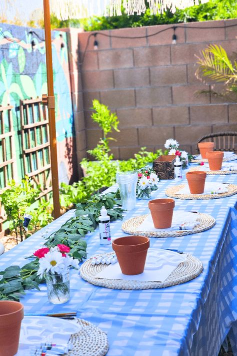 Spring Garden Party 2023 » Lady Decluttered Party Painting Aesthetic, Flower Pot Painting Party, Spring Garden Party Decorations, Plant Party Ideas, Garden Party Crafts, Pot Painting Party, Toddler Garden Party, Garden Party Activities, Potting Party