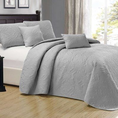 Charlton Home Loken 5 Piece Reversible Quilt Set Size: Full/Queen, Color: Silver Dark Grey Bedroom, Grey Bedspread, Queen Bedspread, Grey Linen Bedding, Bed Linen Design, White Linen Bedding, Luxury Bedding Collections, Eclectic Bedroom, Luxury Bedding Sets