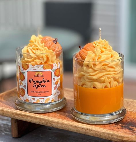 Our Natural Pumpkin Spice Candle will remind you of autumn, pumpkin picking & those nostalgic fall vibes. Toasty top scent notes of cinnamon, nutmeg, and clove give way to middle accords of silky buttercream and pumpkin. The base scent consists of smoked embers & vanilla giving this scent a warm twist on a classic fall fragrance.  This candle also has a 3D pumpkin on top and whipped frosting that is made of wax and will melt smoothly! When it melts, the pumpkin will burn smoothly and will reveal Fall Candle Ideas, Diy Fall Candles, Whipped Candles, Silky Buttercream, Nostalgic Fall, Cool Candles, Fall Candle Centerpieces, Fun Candles, Amazing Candles