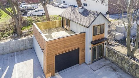 The Carriage House is a Unique Tiny Home from Zenith Design + Build Garage Sleeping Space, Tiny House With Deck On Roof, House On Top Of Garage, Apartment On Top Of Garage, Tiny Homes With Garage, Container House With Garage, Garage With Deck On Top, Tiny Home With Garage, Tiny House With Garage