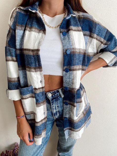 BrosAge $38.55 White Flannel Outfit, Flannel Outfits, Spring Summer Autumn Winter, Blue Plaid Shirt, Fall Winter Wardrobe, Tie Dye Sweatshirt, Plaid Jacket, Fashion Books, Fall Winter Outfits