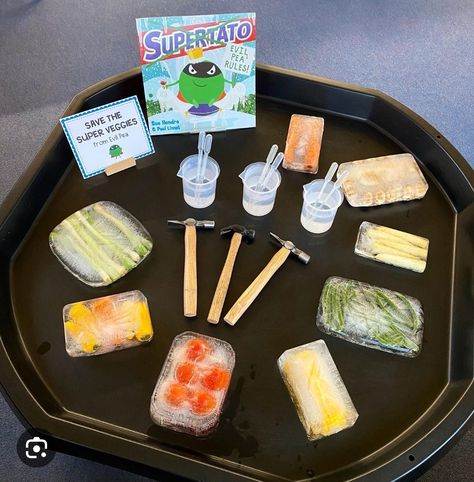 Supertato Tuff Tray Ideas, Eyfs Supertato Activities, Super Tato Activities, Superhero Topic Eyfs, Food Eyfs Activities, Eyfs Book Activities, Superpotato Activities, Supertato Tuff Tray, World Book Day Tuff Tray