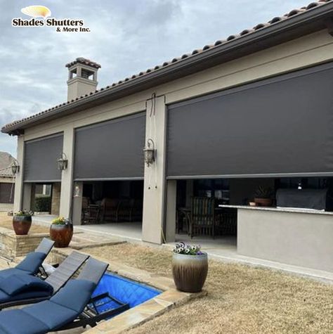 Outdoor Blinds Patios, Rolling Shades, Alfresco Ideas, Retractable Patio Screens, Outdoor Roller Shade, Motorized Window Shades, Open Patio, Exterior Shades, Patio Sun Shades