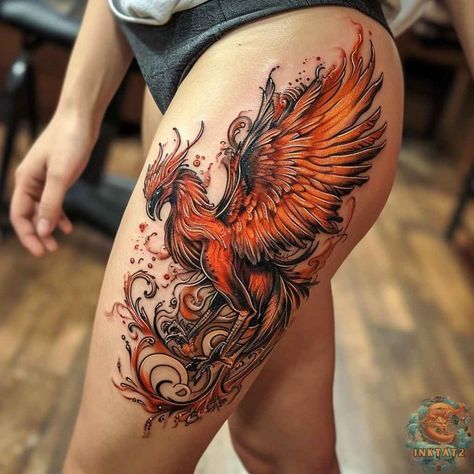 The Symbolism and Significance of the Phoenix Bird Tattoo: A Timeless Design of Rebirth and Renewal: 85 Designs - inktat2.com Phoenix Wings Tattoo Feathers, Phoenix Tattoo On Hip, Phoenix And Dragon Tattoo Design, Pheonix Tattoo For Women On Thigh, Phoenix Tattoo On Thigh, Phoenix Thigh Tattoo, Phoenix Leg Tattoo, Phenix Birds Tattoo, Dark Phoenix Tattoo