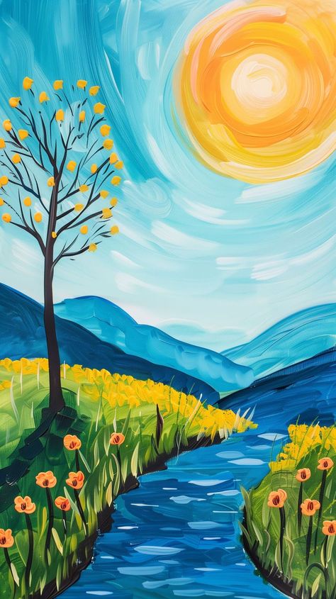 Acrylic Painting For Kids, Simple Paintings, Landscape Painting Watercolor, Easy Landscape Paintings, Fall Canvas Painting, Easy Painting Ideas, Diy Canvas Wall Art, Diy Watercolor Painting, Landscape Paintings Acrylic