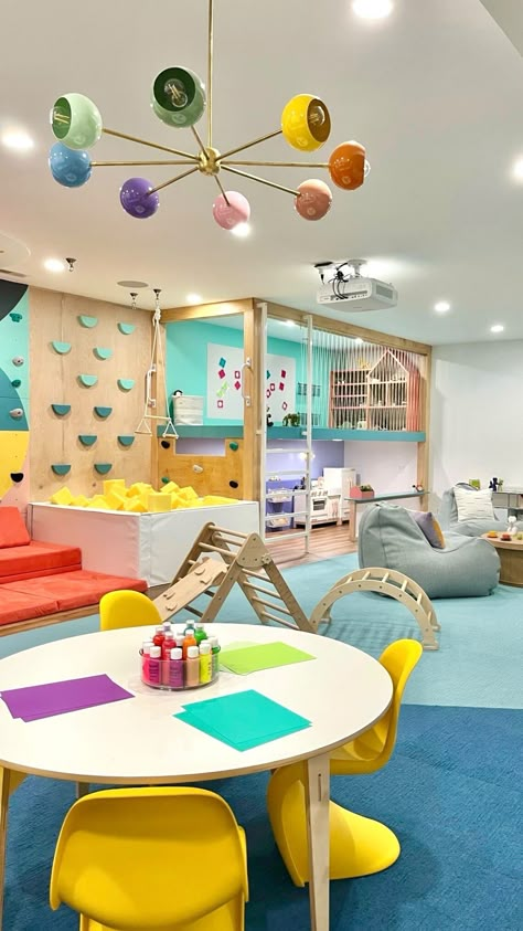 Two Story Playroom, Elementary Playroom, Playground Design Indoor, Bold Playroom, Playroom Ideas Colorful, Educational Playroom Ideas, Kids Playground Ideas, Luxury Daycare, Indoor Playground Diy