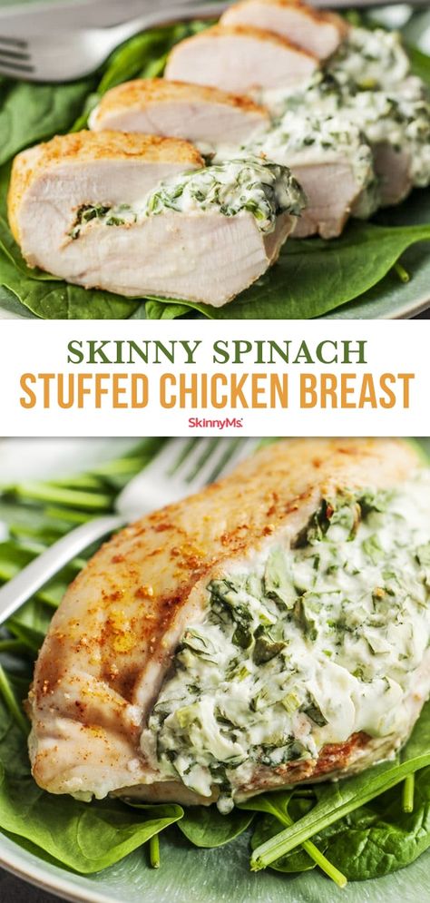 Skinny Spinach Stuffed Chicken Breast Healthy Light Dinner Recipes, Mindful Meals, Spinach Stuffed Chicken Breast, Stuffed Chicken Recipe, Stuffed Chicken Breast Spinach, Menu Sarapan Sehat, Spinach Chicken, Plats Healthy, Stuffed Chicken Breast