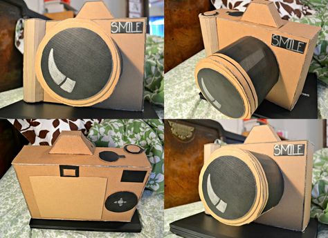 I love my camera and photography. Out of boredom one day, I decided to use my old cardboard boxes and shoe boxes to make this! #artsandcrafts Camera Valentines Day Boxes, Diy Movie Camera Prop, Cardboard Camera Gift, Camera Out Of Cardboard, How To Make A Camera Out Of Cardboard, Diy Cardboard Camera Prop, Diy Photo Box Gift Camera, Camera Made Out Of Cardboard, Photography Classroom