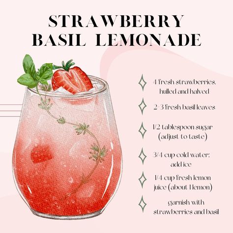 Inspired by strawberry season, introducing our June Mocktail: the Strawberry Basil Lemonade Refresher 🍓🍋 Happy sipping! Instructions: 1️⃣ In a glass, combine the strawberries, basil leaves, and sugar. Use a muddler or the back of a spoon to mash the ingredients together until the strawberries are pureed and the basil is aromatic. 2️⃣ Add the lemon juice and water directly into the glass. Stir well to mix all the ingredients. Adjust the sweetness by adding more sugar if desired. 3️⃣ Add ice c... Mocktail Strawberry, Strawberry Basil Water, Lemonade Refresher, Basil Drinks, Strawberry Basil Lemonade, Basil Lemonade, Strawberry Basil, Strawberry Season, Vegan Drinks