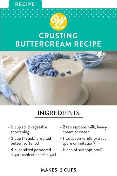 Want to know the secret to getting that nice, smooth finish on your cake? It’s all in the icing! Crusting buttercream (or frosting that lightly sets) is perfect if you need your frosting to keep its shape. You can use it to ice cakes, pipe swirls on cupcakes or for making buttercream flowers. Create a beautiful canvas for your buttercream flowers and decorations. #wiltoncakes #cakes #cakedecorating #cakeideas #buttercream #frosting #recipes #homemade #baking #americanbuttercream #dessertideas Stiff Cake Frosting Recipe, Icing For Flowers Recipe, Best Piping Buttercream Frosting, Smooth Cake Icing Recipe, Stiff Piping Frosting Recipe, Buttercream Icing With Crisco, Firm Buttercream Frosting, Icing Recipe For Piping Cupcakes, Smoothing Buttercream Frosting