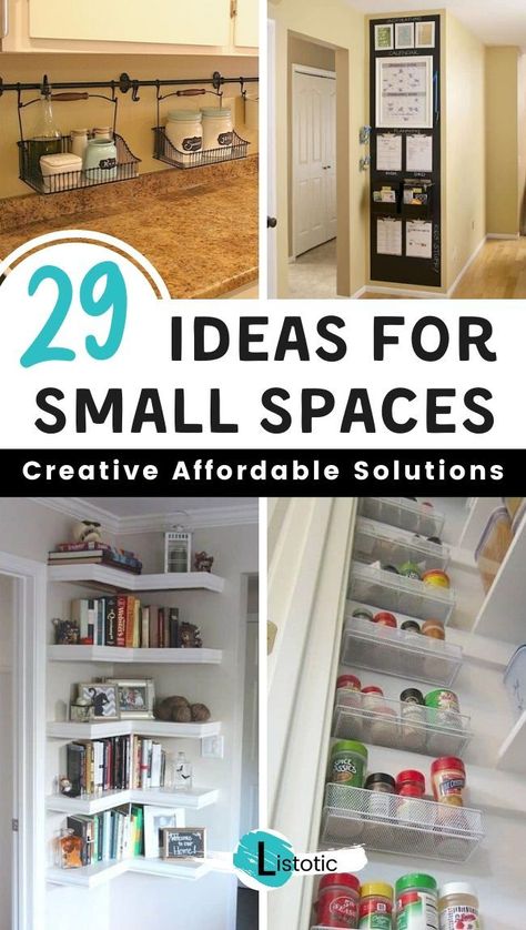 Tight space and tight wallet mean creative ways to organize and have storage in your small spaces. Listotic has 29 creative and afforable small space solutions for you and your family. If you live in a small house, an appartment or dorm these smalls space hacks will change your life. Vertical storage, closet orgnaztion and kitchen hacks will make your small space seem spacious. #smallspace #smallspacehacks #storage #apartmentliving #ideas #smallspaceideas #bedroomideas #appartments #listotic Organisation, Small House Storage, Small Space Hacks, Small Bedroom Storage, Organisation Hacks, Coastal Boho, Small Space Organization, Small Space Storage, Small Space Diy