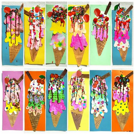 Ice cream collage Food Themed Art Projects For Kids, Summer Crafts For Kids Elementary, Summer Art Ideas, Ice Cream Art, 2nd Grade Art, Strawberry Sauce, Sunday Evening, Chocolate Strawberry, Art Lessons Elementary