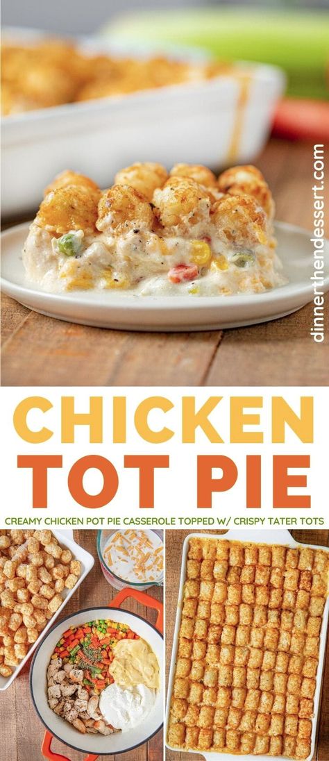 Chicken Tot Pie is an easy fun twist on classic pot pie, topped with crispy tater tots! #dinner #chickenpotpie #tatertots #casserole #potpie #tatertotcasserole #tatertothotdish #dinnerthendessert Tatertots Casserole, Pie Chicken, Pot Pie Recipe, Tot Casserole, Tater Tot Casserole, Pot Pies Recipes, Tater Tots, Easy Casserole Recipes, Chicken Pot