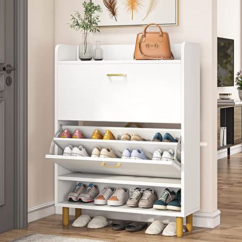 Amazon.com: Tribesigns Shoe Cabinet, 2-Tier Shoe Storage Cabinet with Flip Doors, Vintage Entryway Shoe Organizer Rack with Open Shelves for Narrow Closet, Entryway, Living Room, White & Gold : Home & Kitchen Vintage Entryway, Narrow Closet, Shoe Cabinet Entryway, Shoe Organizer Entryway, Entryway Shoe Storage, Entryway Shoe, Shoe Storage Cabinet, Entryway Furniture, Cabinet Organization