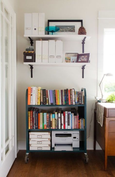 Hide Printer with books Library Cart, Printer Storage, Printer Stand, Craft Room Office, Home Office Design, Repurpose, Bar Cart, Bookshelves, Home Organization