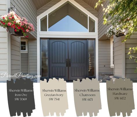 Sherwin Williams Grecian Ivory, Iron Ore Sherwin Williams Exterior, Iron Ore Exterior, Exterior House Colours, Iron Ore Sherwin Williams, Exterior Color Palette, Exterior Entry Doors, House Colours, Siding Colors