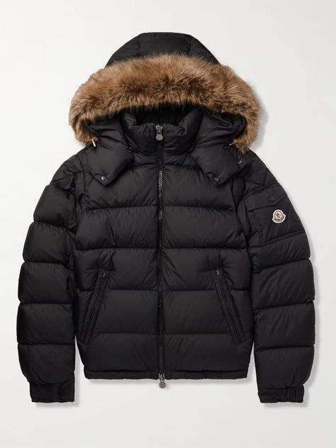 Moncler's 'Mayaf' jacket is instantly recognisable by its boxy silhouette and faux fur-trimmed hood. Made from black shell and filled with insulating down, it's detailed with a patch pocket and emblem at the sleeve. The side zip-pockets are roomy enough to hold all of your essentials. Moncler Maya, Guys Fashion Swag, Fur Outfit, Puffer Jacket With Fur, Hello Kitty Shoes, Puffer Jacket Men, Mens Outdoor Jackets, Fur Hood Jacket, Fur Hood Coat