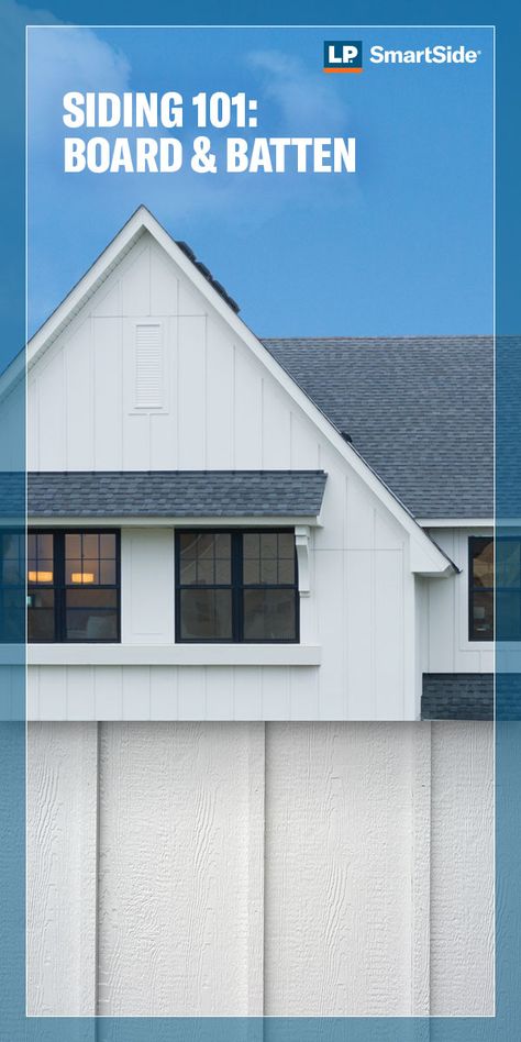 Looking to update the exterior design of your home? Board & batten might just be the rustic, modern visual interest you’ve been searching for. But what exactly is board & batten? Allow us to introduce you to this resurging design trend in exterior siding. #getthelpsmartsidelook #homeinspo #exteriordesign #curbappeal #siding #homedesign #rusticmodern #boardandbatten Exterior Board And Batten Ideas, Exterior Siding Options Board And Batten, Hardy Board And Batten Siding, How To Install Board And Batten Siding, Lp Board And Batten Siding, Batten Board Siding Exterior, Lp Smart Siding Board And Batten, Board And Batten Siding With Brick, White Vertical Siding Exterior