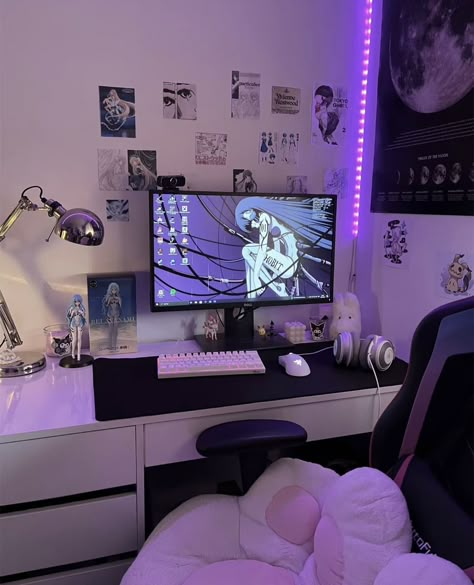 Alt Bedroom Ideas, Gaming Setup Bedroom, Aesthetic Gaming, Games Room Inspiration, Gamer Bedroom, Gaming Desk Setup, Pc Gaming Setup, Gaming Room Setup, Cute Room Ideas