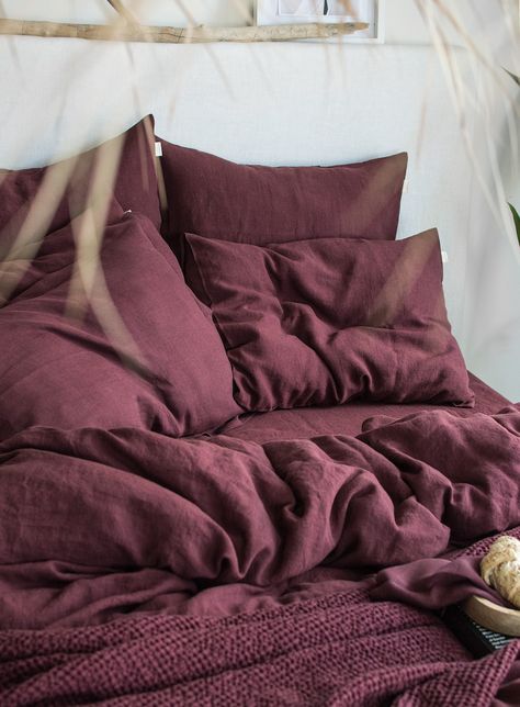 "Fulfill your bedroom with coziness and charm with this spectacular pillowcase in Burgundy. It's deep burgundy tone is a stylish addition that will give a whole new look to your bedroom. Soft and comfortable, this natural linen pillowcase will ensure top comfort for your body. It features linen fabric that is fully breathable, anti-allergic, ultra-durable and 100% natural. Handcrafted with care in Lithuania from premium local linen. Matches perfectly in color with the rest of our burgundy select Burgundy Bedding, Burgundy Bedroom, College Bedroom, Purple Bedroom, Euro Sham, Bed Linen Sets, Linen Pillow Covers, Linen Pillow Cases, Rustic Bedroom