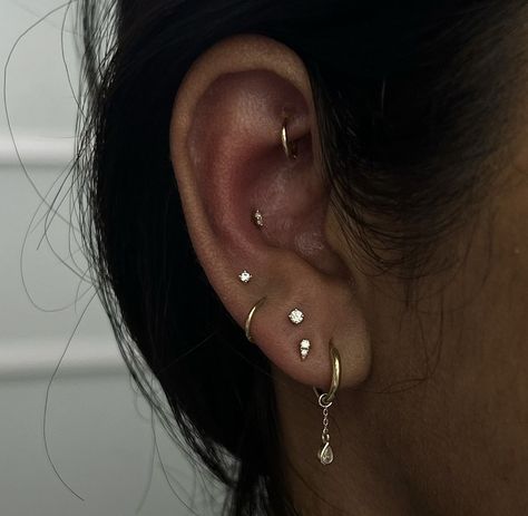 Curated Ear Piercing Ideas Simple, Trilogy Ear Piercing, Ear Piercing Constellation, Earscaping Ideas, Dainty Conch Piercing, Maria Tash Curated Ear, Ear Piercings Placement Ideas, Multiple Ear Piercings Ideas, Ear Constellation Piercings