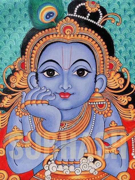 Kerela Murals Paintings Krishna, Radha Krishna Kerala Mural Painting, Kerala Mural Art Krishna, Madhubani Paintings Traditional Krishna, Mural Art Kerala, Theyyam Paintings, Kerela Murals Paintings, Theyyam Drawing, Krishna Kerala Mural Painting