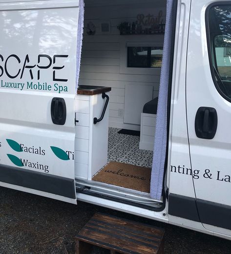 At Home Spa Studio Ideas, Mobile Lash Trailer, Mobile Massage Van Ideas, Mobile Waxing Truck, Camper Massage Studio, Mobile Therapy Van, Mobile Massage Truck, Business Van Design, Mobile Spa Truck Spas