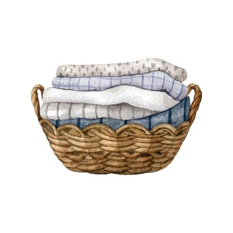 Zero waste wicker basket with cotton and... | Premium Vector #Freepik #vector #art-drawing #watercolor-drawing #art #illustration-art Waste Art, Laundry Art, Basket Drawing, Happy Birthday Art, Zero Waste Kitchen, Linen Kitchen, Drawing Clipart, Background Watercolor, Linen Kitchen Towels