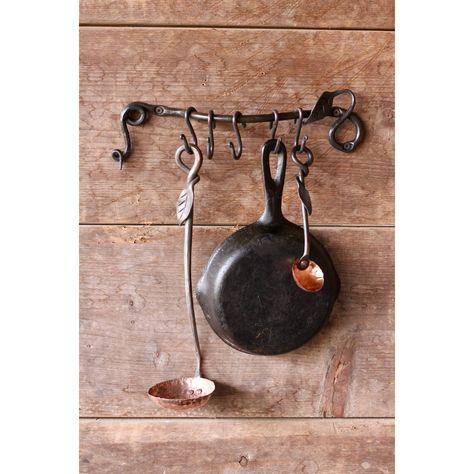 Copper And Steel Ladle - Leaf Handle | Faire.com Pan Hanger, Pan Holder, Pot And Pans Organization, Pot Racks, Blacksmith Forge, Blacksmith Tools, Blacksmith Projects, Pot Hanger, La Forge