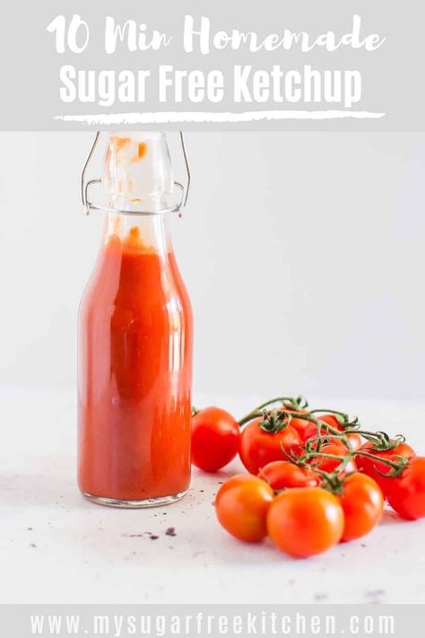 Simple sugar free ketchup - no blender required. Made with unsweetened applesauce and Lakanto Monkfruit Sweetener. Authentic flavour and better than storebought. #sugarfreesauce #sugarfreeketchup #sugarfreecondiments #ketchuprecipe Paleo Ketchup Recipe, Sugar Free Ketchup Recipe, Paleo Ketchup, Homemade Ketchup Recipes, Monkfruit Sweetener, Paleo Sauces, Sugar Free Ketchup, Ketchup Recipe, Healthy Sauces